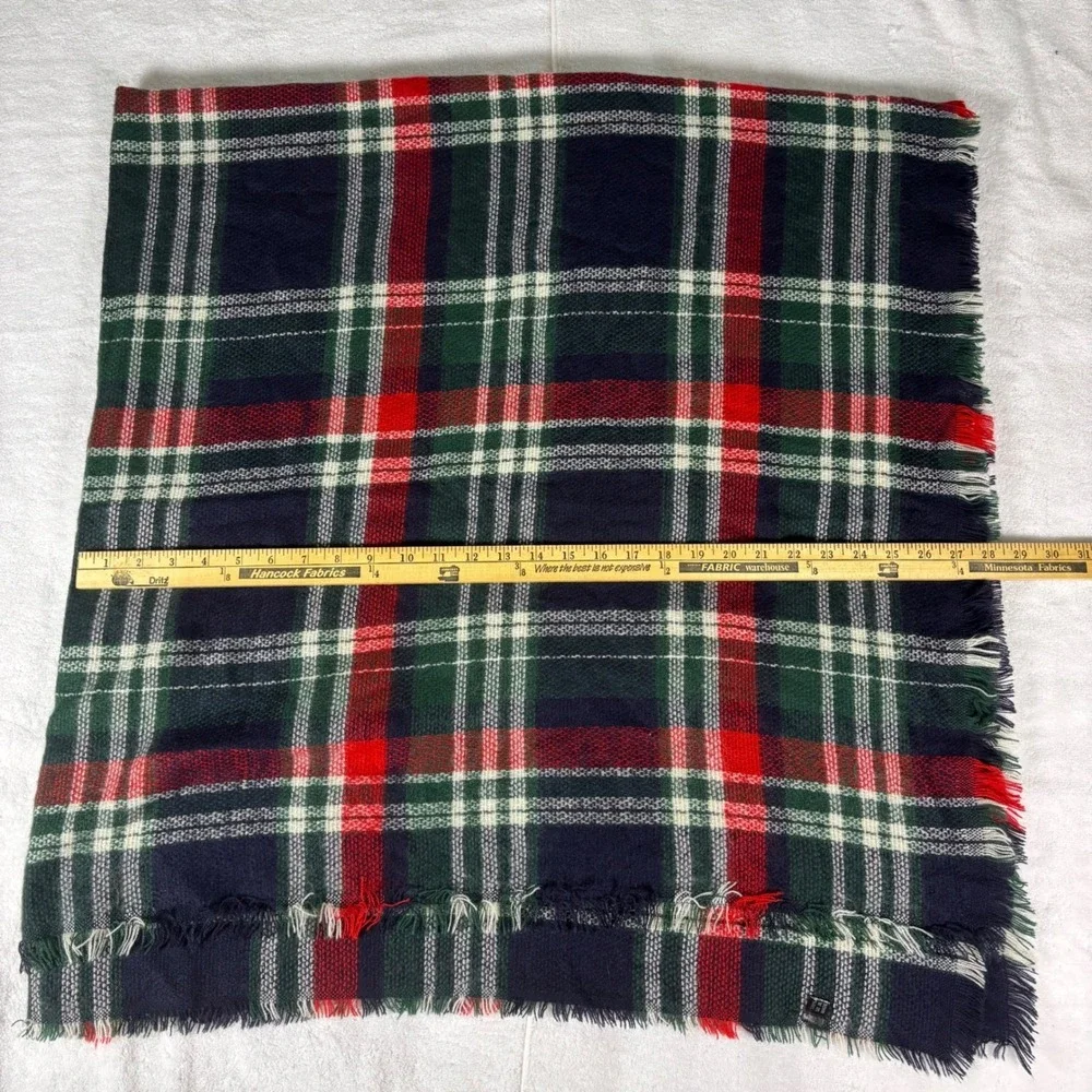 Tartan Plaid Blanket Scarf Unisex OS Navy Green Red Frayed Square Cozy Preppy